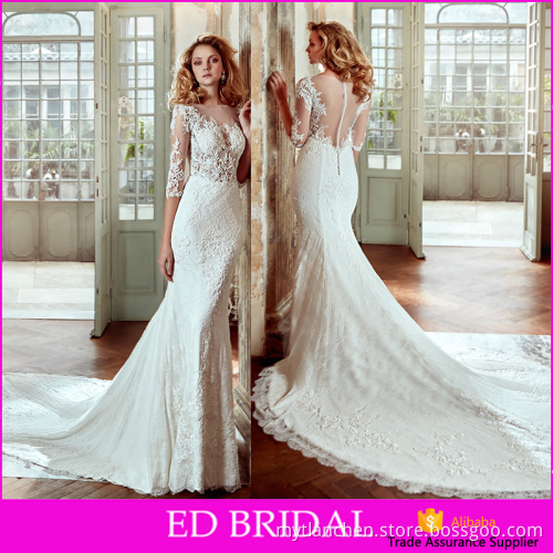 Factory Price Sheer Back 3/4 Sleeve Lace Pattern Fish Cut Wedding Dress